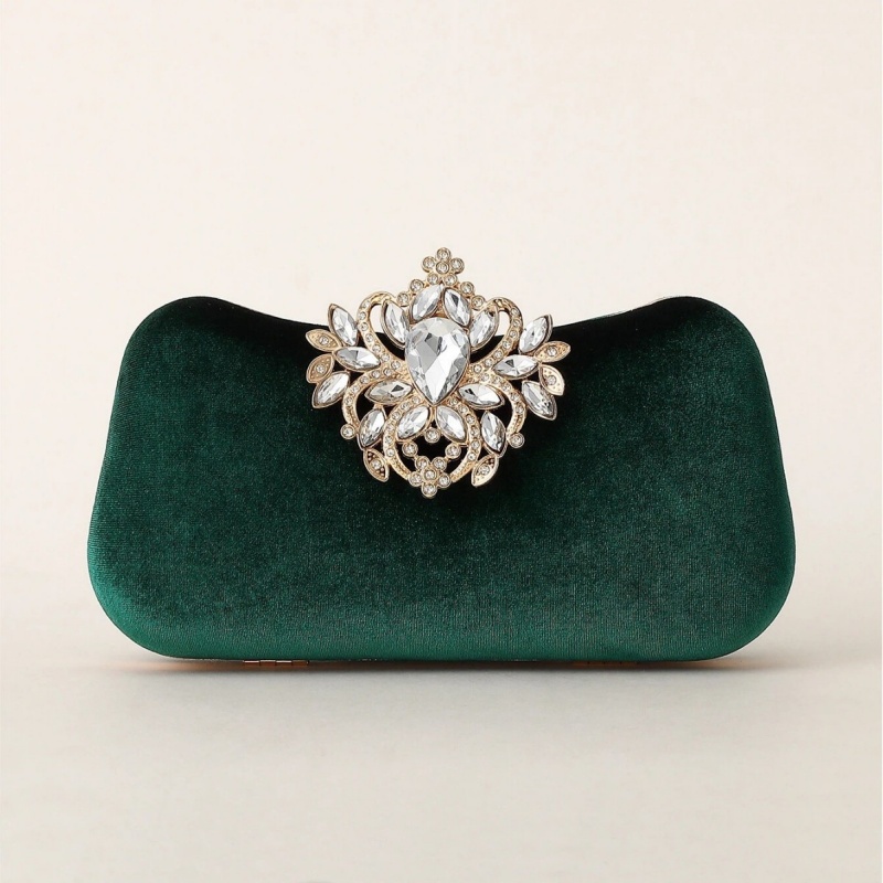 Luxury Bags Reseller - ダークグリーンベルベットクラッチバッグ高級ラインストーン花柄ブローチハードイブニングハンドバッグエレガントなウェディングパーティーレディース財布ゴールドカラー