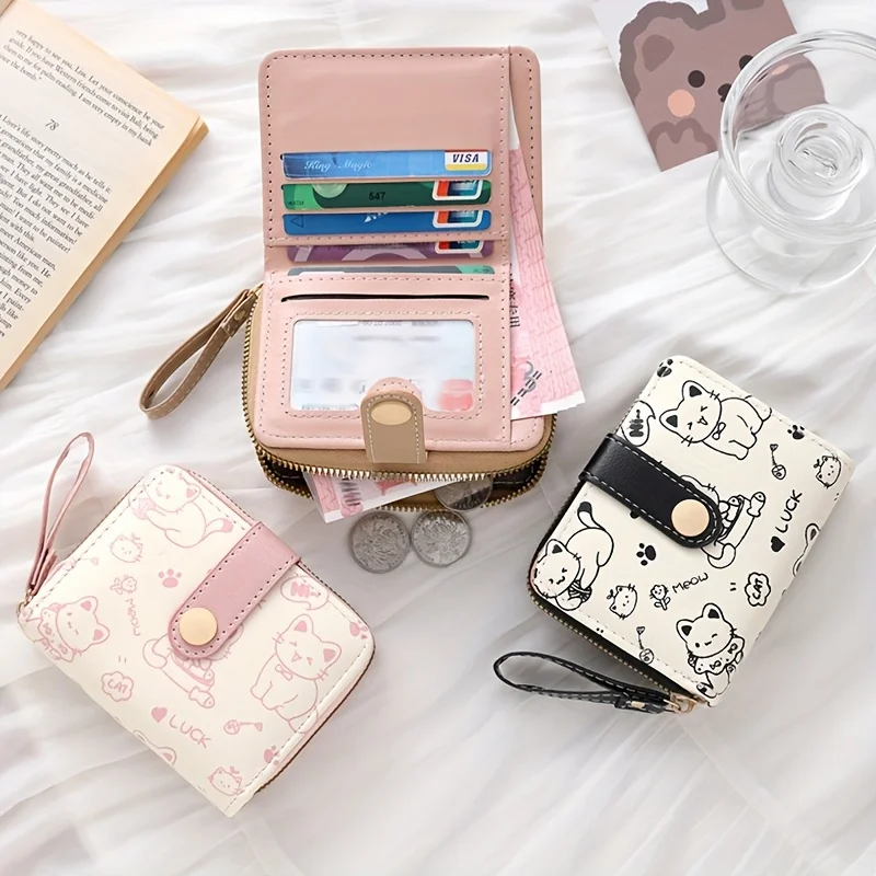 Wristlet Wallet Zipper - 女性財布小銭入れプリントかわいいクマ財布三つ折りスナップ開閉学生ショートカードカードホルダー小銭入れクラッチIDクリップ