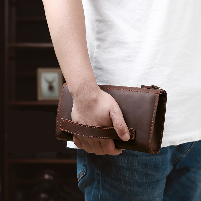 Wristlet Wallet Zipper - メンズクラッチロングハンドバッグビジネスヴィンテージ牛革男性用長財布男性と女性用ジッパー財布