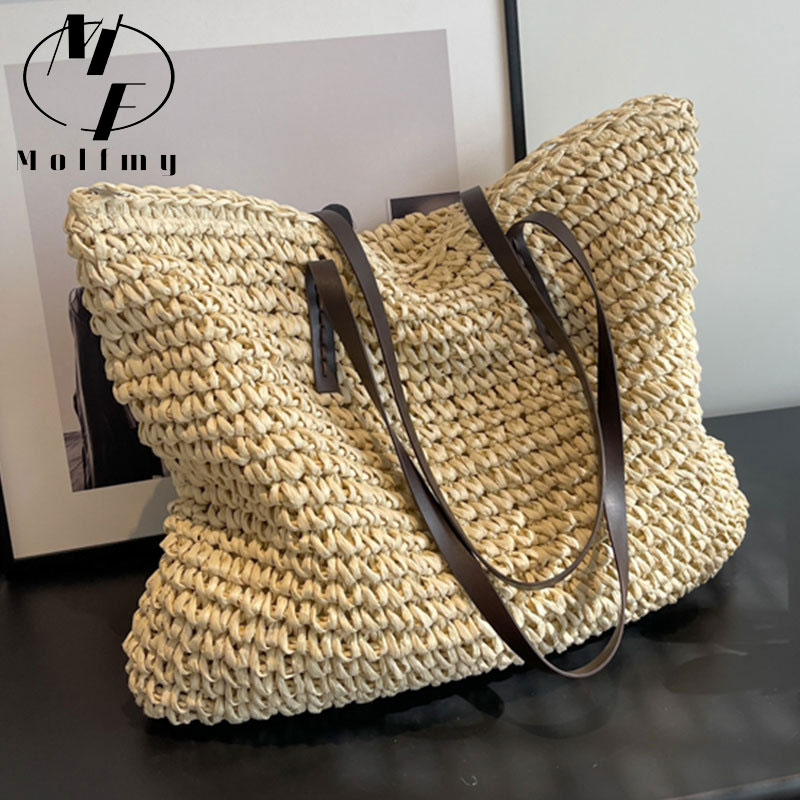 Luxury Bags Reseller - 女性のための大きな編まれたストローバッグ,ビーチバッグ,大容量,カジュアル,シンプル,夏