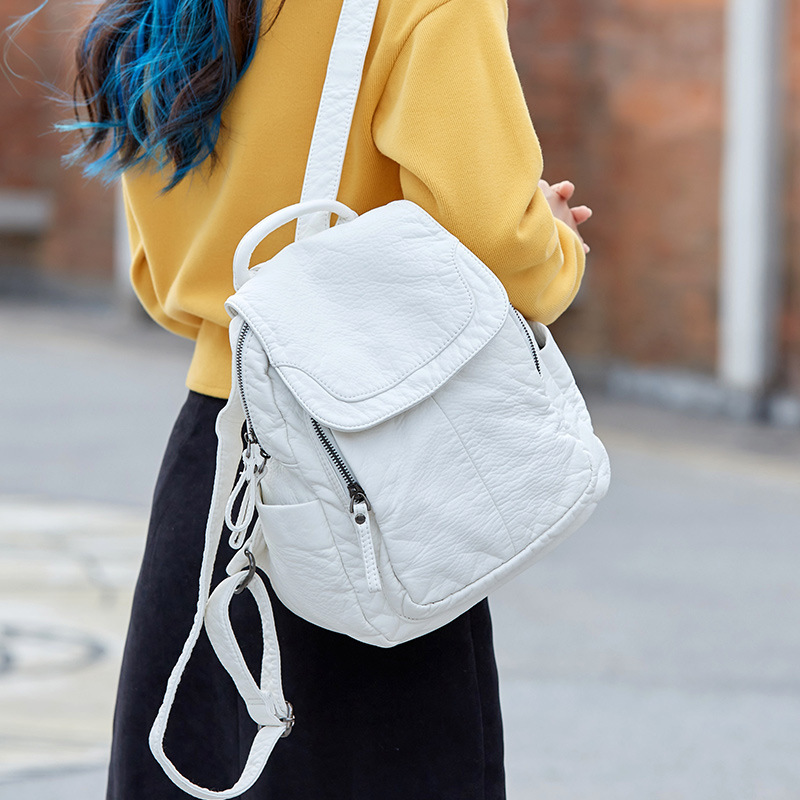 Luxury Bags White - 女性のための白いウォッシュレザーバックパック、ティーンエイジャーの女の子のための小さなランドセル、すべてが一致するカジュアルなトラベルバッグ
