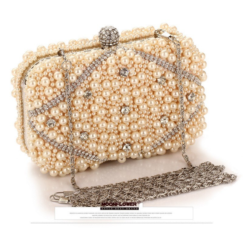 Luxury Bags White - 高級クリスタルビーズパールイブニングクラッチバッグ結婚式パーティーハンドバッグファッション女性ホワイトベージュロングチェーンショルダーハンドバッグ