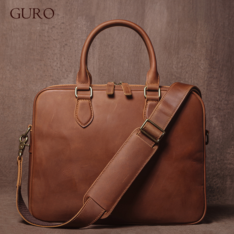 Luxury Bags Tote - GURO 男性クレイジーホース牛革ブリーフケース高級本革ハンドバッグシンプルな軽量ショルダーバッグファイルラップトップクロスボディバッグ