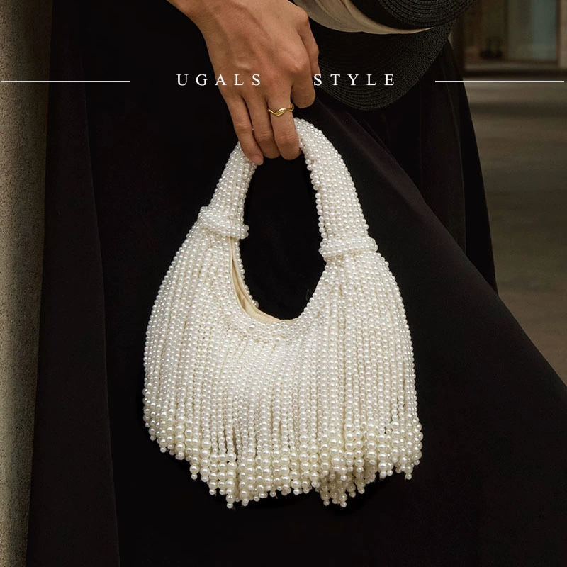 Luxury Bags Reseller - デザインハンドルパールイブニングクラッチバッグ、高級デザイナーロングタッセルクラッチパースバッグ