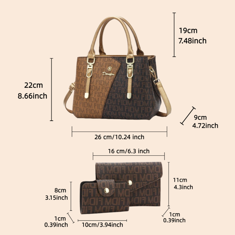3点セットの女性用バッグ、高級プレミアムレザーのプリント入り - Luxury Bags For You のレビューと価格