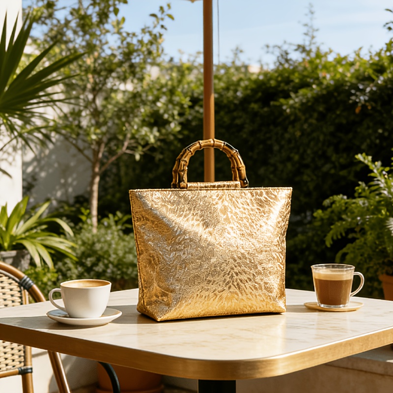 ライトラグジュアリーなメタリックゴールドジャカードリーフ柄ト - Luxury Bags Tote のレビューと価格